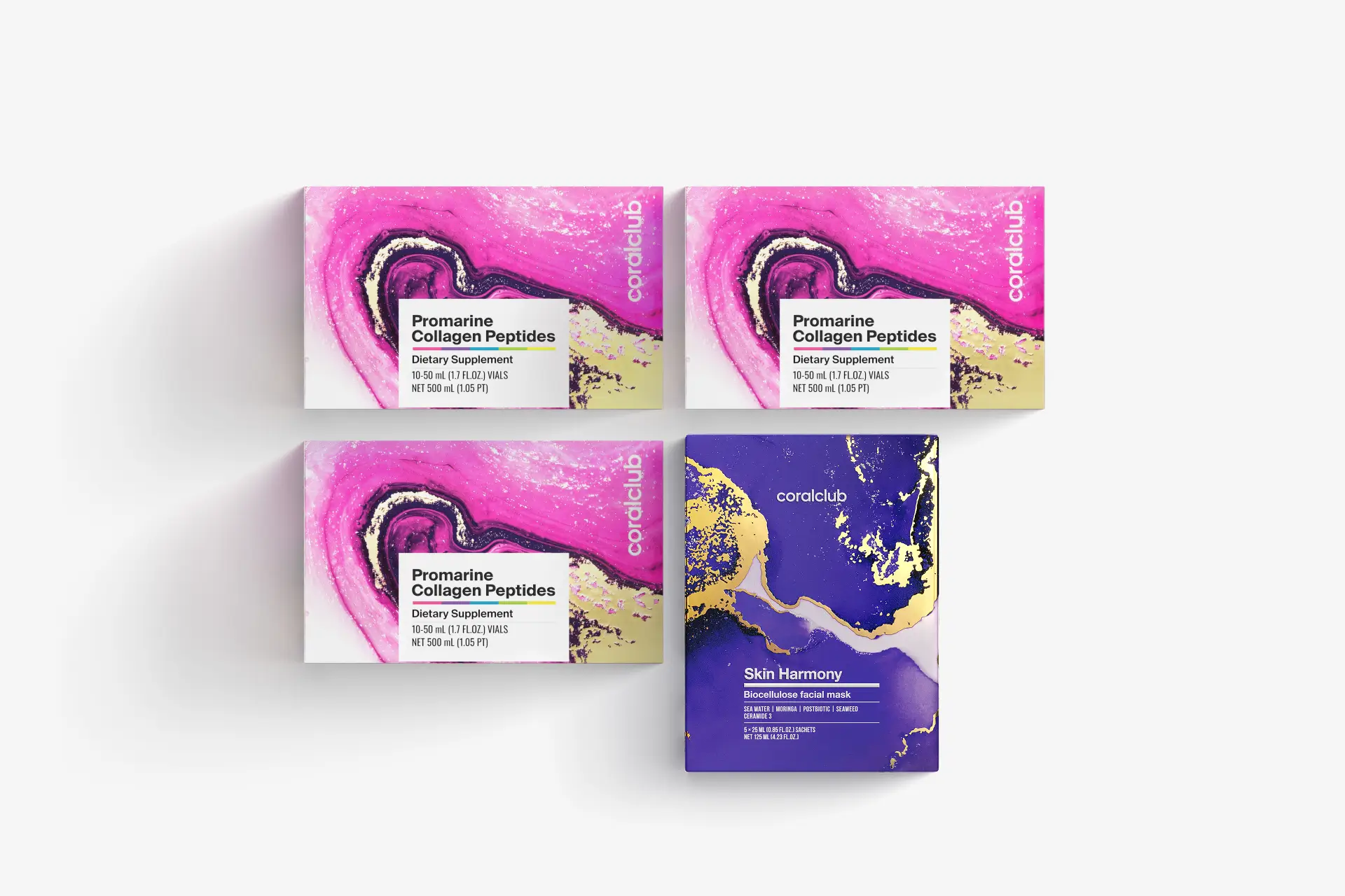 ערכת פרומרין פפטידים של קולגן (לתקופה של חודש) & מסכות ביו-צלולוז Skin Harmony לעור הפנים (5 אריזות אישיות)